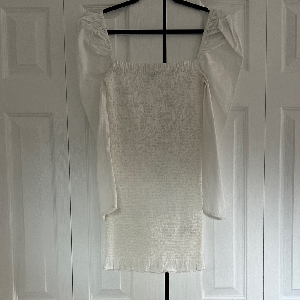 Wilfred Square Neck White Smocked Mini Dress with Puff Sleeves